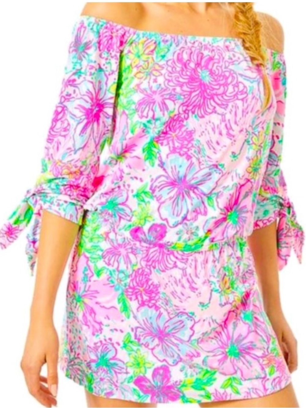 Lilly Pulitzer Lana Skort Romper Paradise Found Off the Shoulder Pink Size Large - Picture 2 of 13